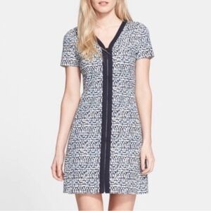 Tory Burch Print Zip-Front Ponte Navy & White Mini Zipper Dress